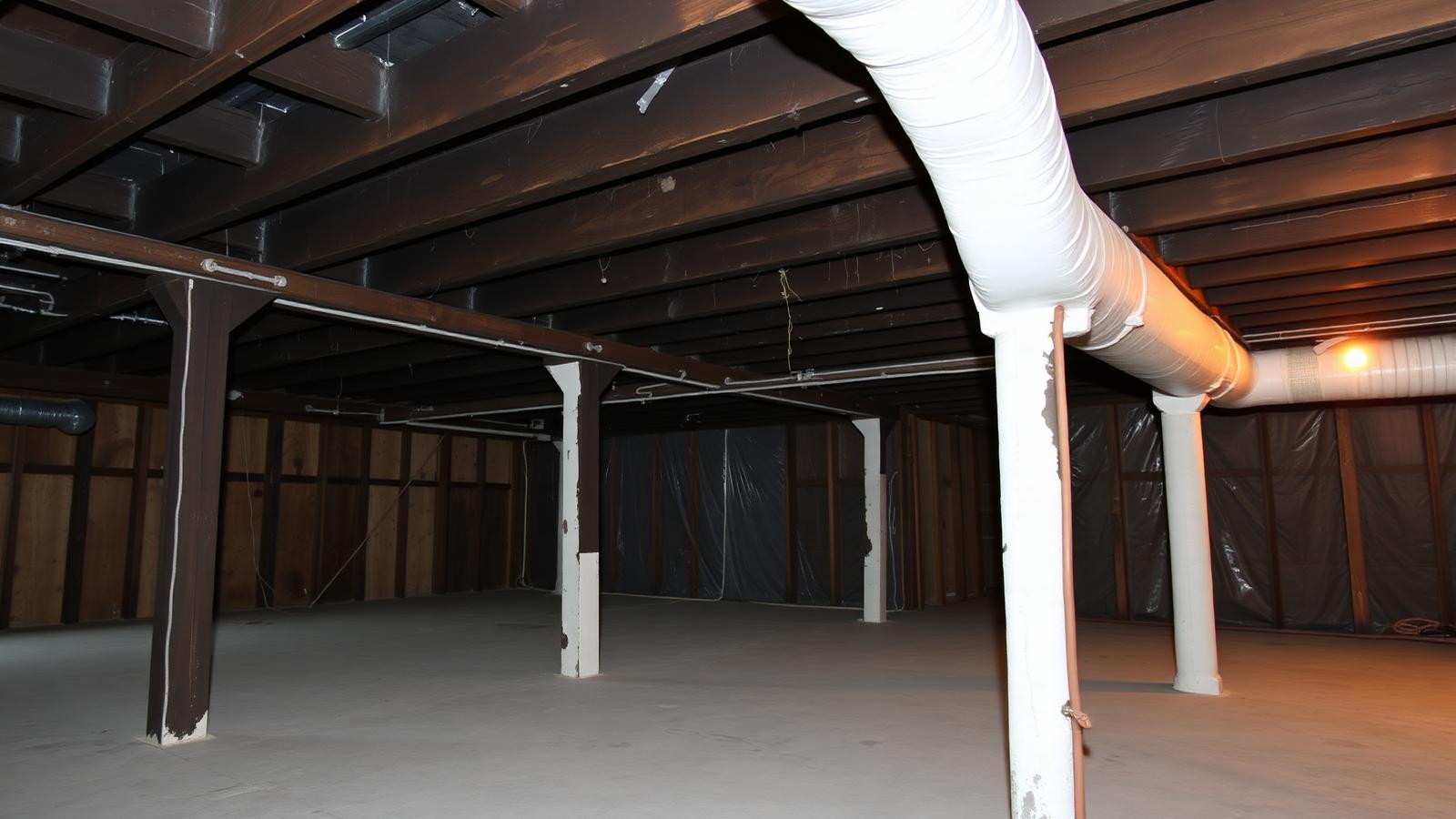 Creosote-treated basement beams after mechanical preparation and dual-coat Zinsser B-I-N shellac vapor encapsulation in an Eastern Ontario heritage home