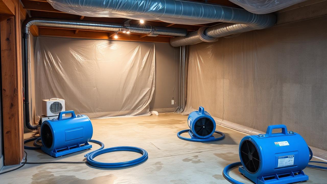 Basement mid-restoration with commercial LGR dehumidifiers, blue axial air movers and containment plastic sheeting drying an empty concrete floor