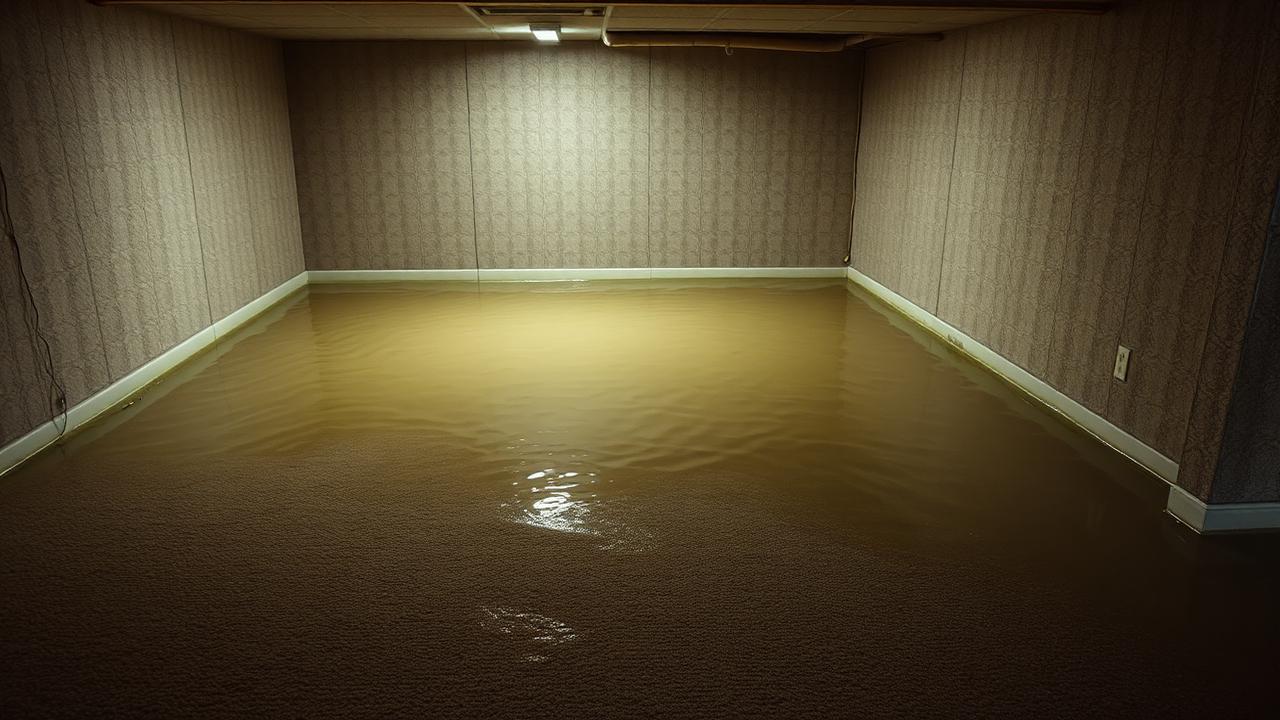 Flooded residential basement with several inches of murky water covering wall-to-wall beige carpet and water-damaged drywall at the baseboard