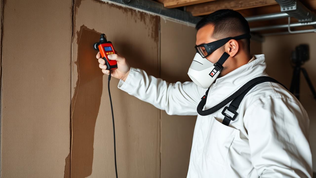 Restoration technician in white PPE coveralls and respirator using a handheld moisture meter on wet basement drywall