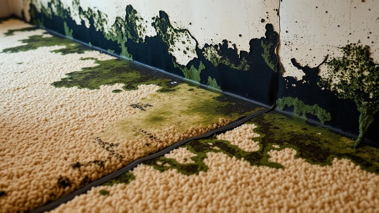 Close-up of black and green mould growth spreading across the back of a peeled-up wet basement carpet and lower drywall