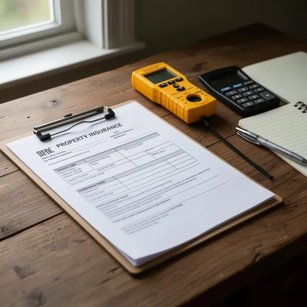 Property insurance claim documentation, moisture meter, calculator and notebook on a desk during a restoration scope review