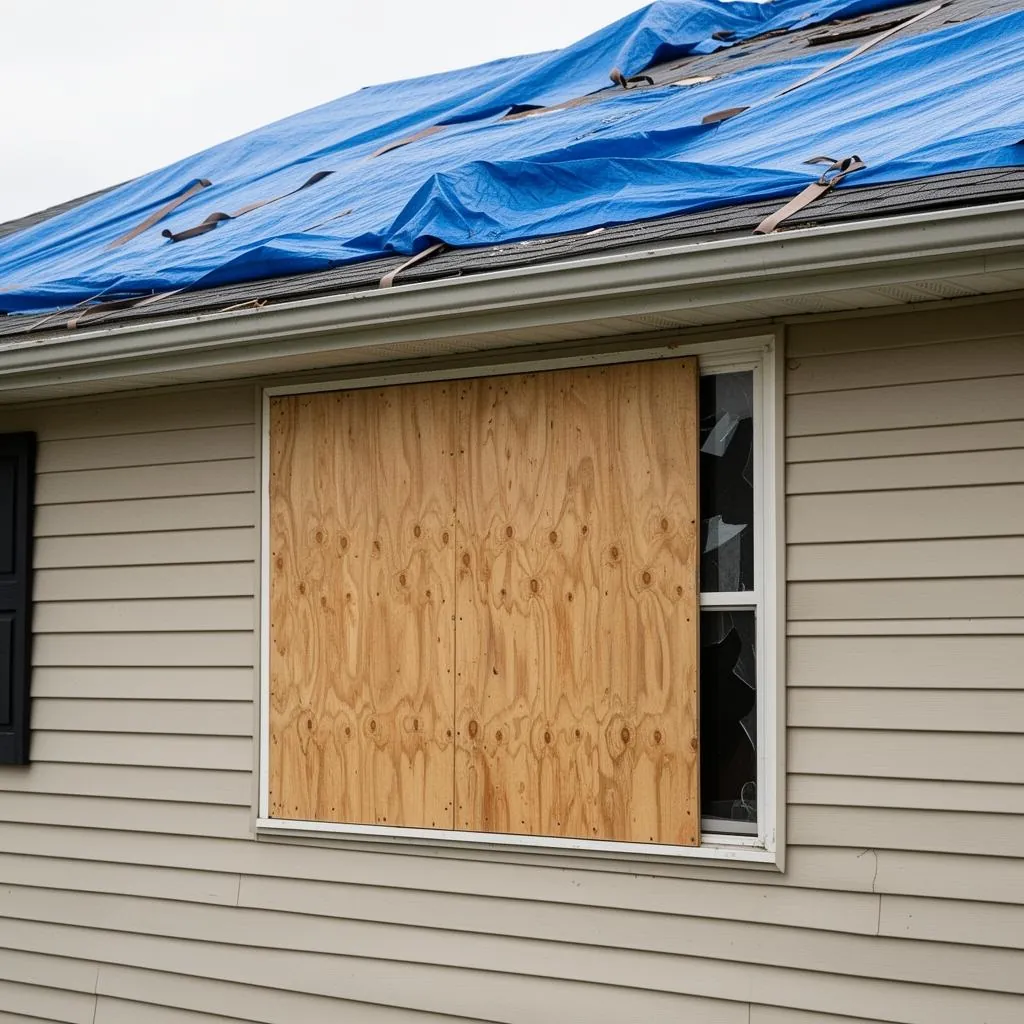 Emergency plywood window board-up and blue roof tarp installed on a damaged Eastern Ontario home