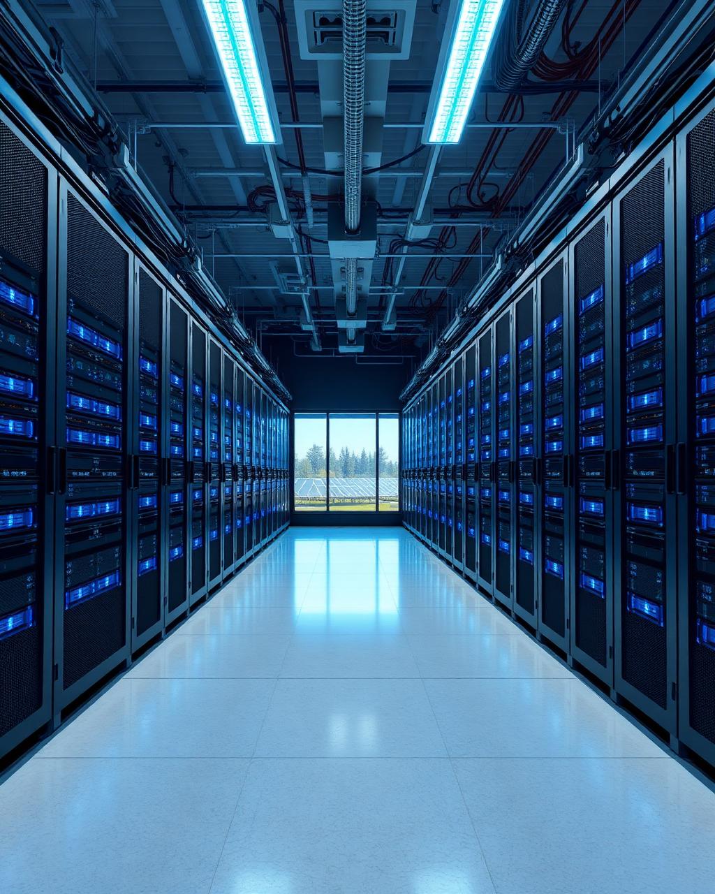 Interior of a modern data center with rows of illuminated server racks and overhead cable trays, with solar panels visible through a back wall — representative of complex construction projects delivered across Ontario