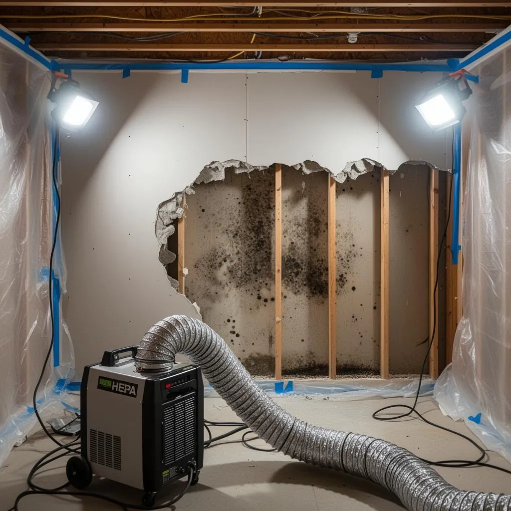 Mold remediation in Kingston, Ontario — IICRC-certified technician in full PPE inside a negative-air containment removing black mold from a basement wall
